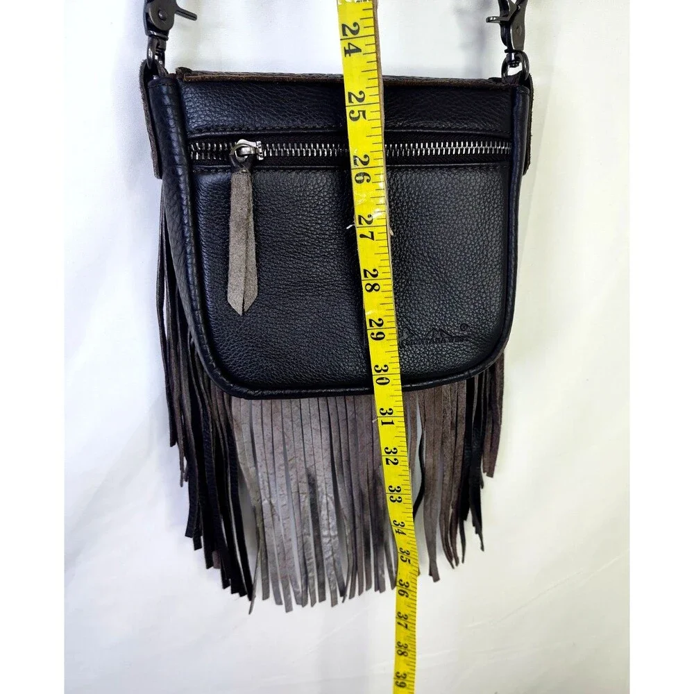 Mountain West Tooled Leather Crossbody Purse, Small, Fringed Dark Brown Handbag